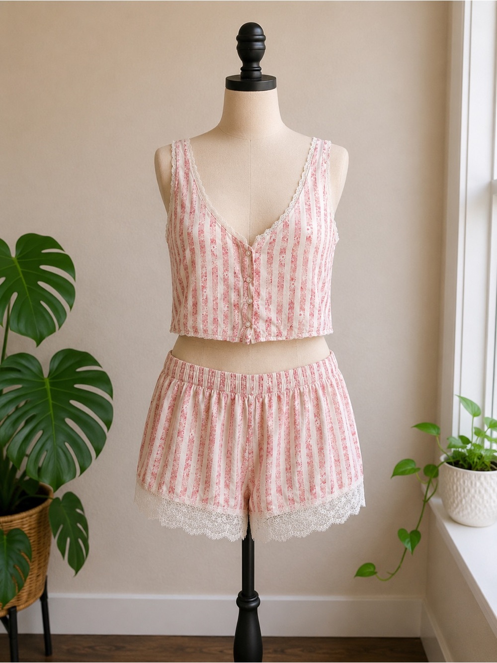 Victoria’s Secret Pink Floral Lace PJ Set XL | Coquette Cottagecore Sleep Set